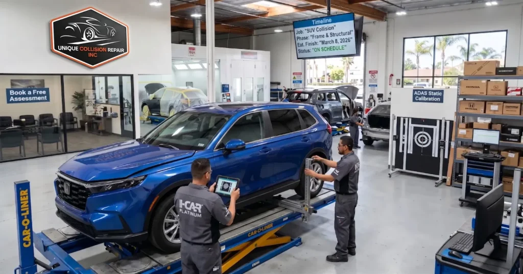 Mechanic inspecting car frame for collision repair.