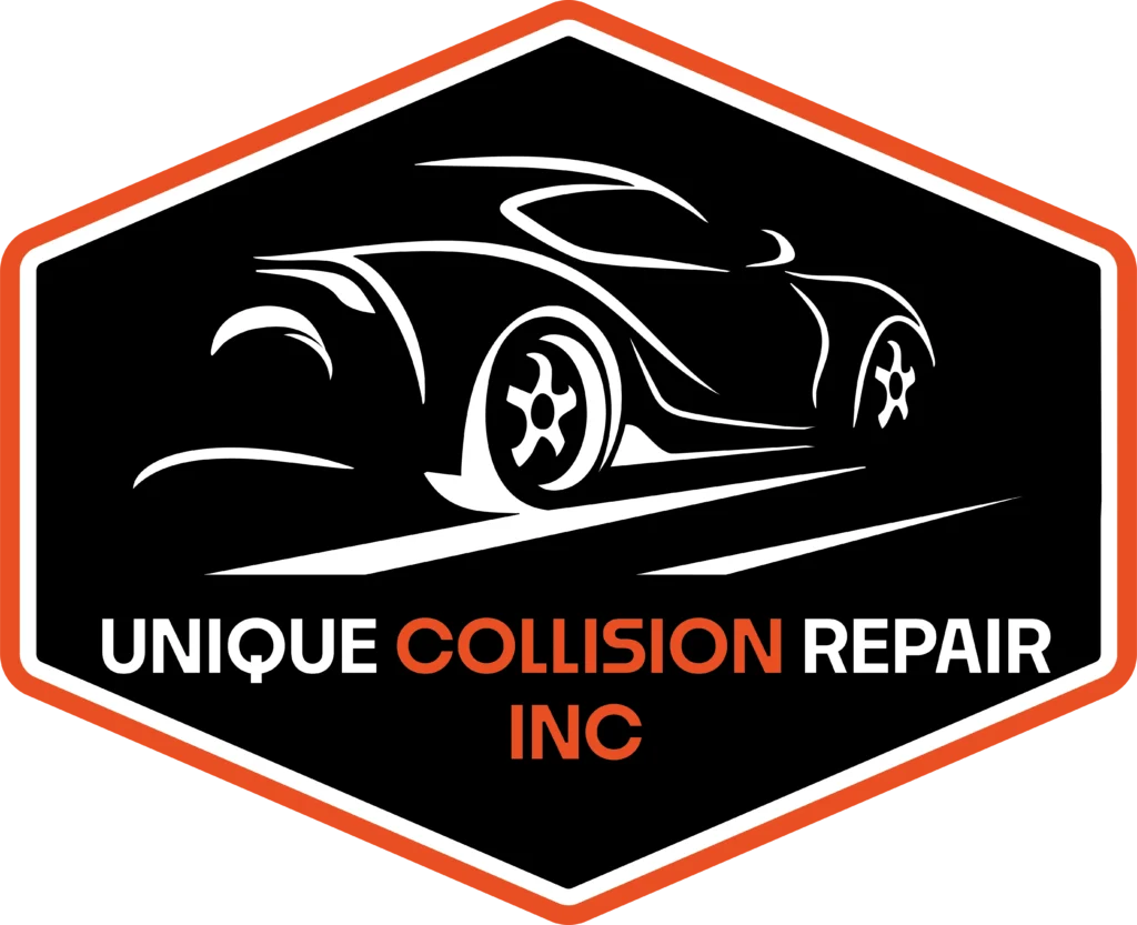Unique Collision Repair orange hexagon logo.