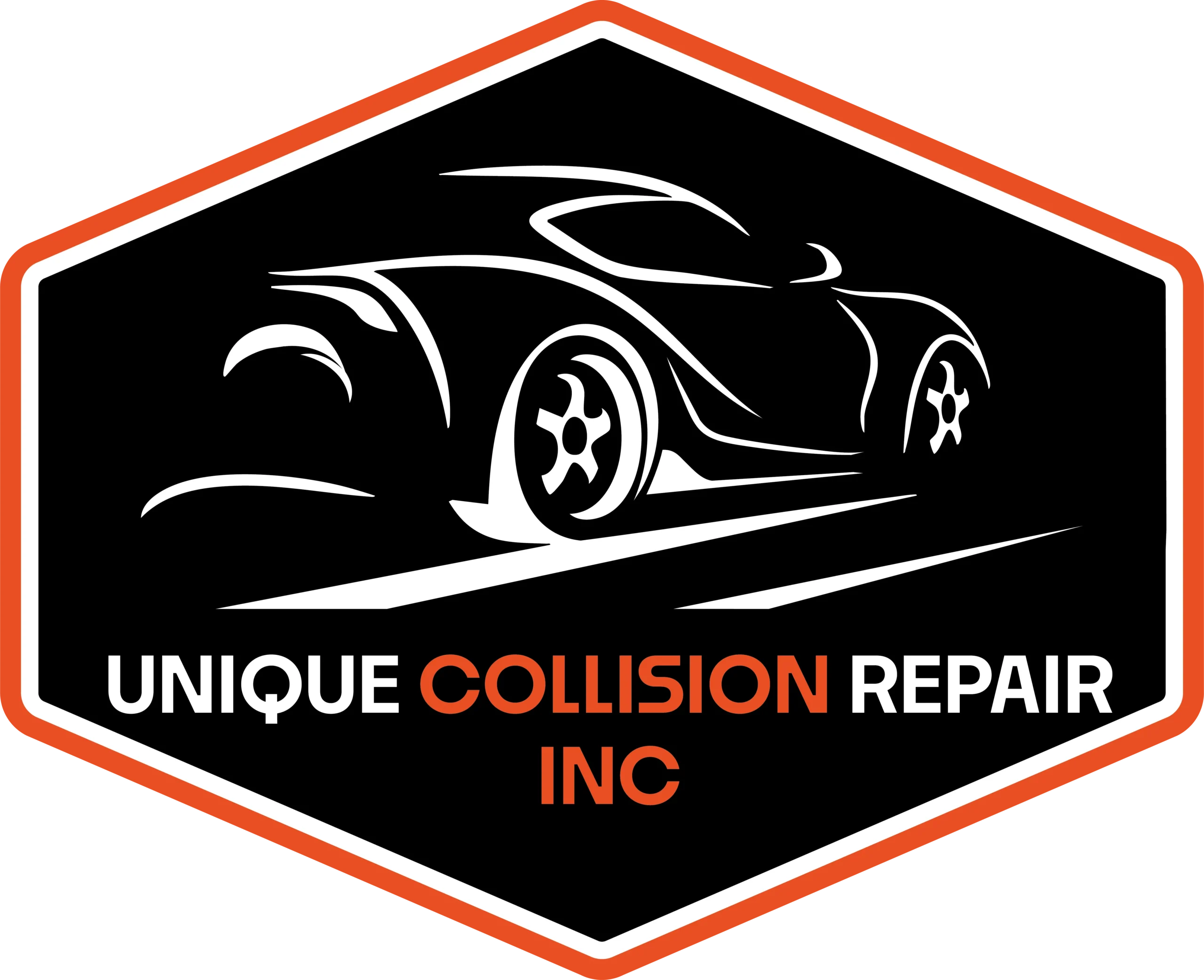 Unique Collision Repair orange hexagon logo.